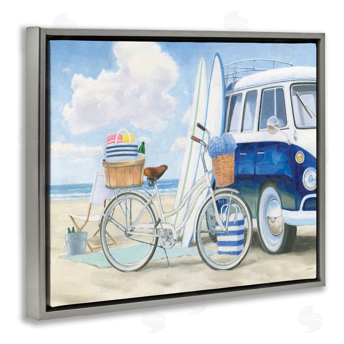 Surf Van & Beach Bike Grey Floating Frame Canvas Wall Art, Home Decor by James Wiens