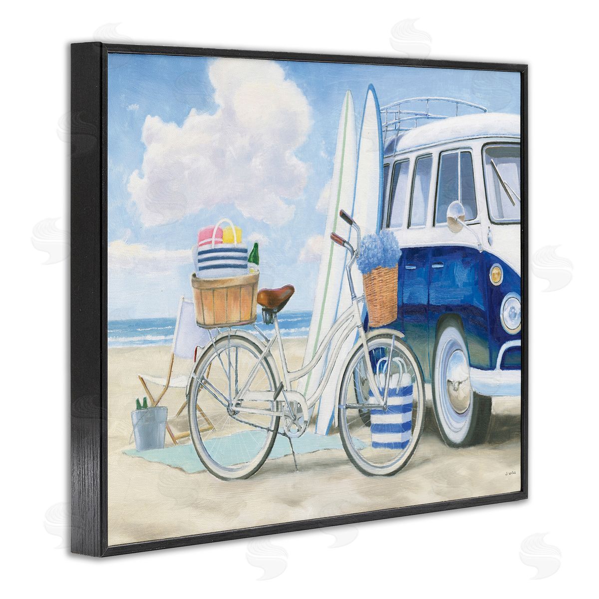 Surf Van & Beach Bike Black Frame Print Wall Art, Home Decor by James Wiens