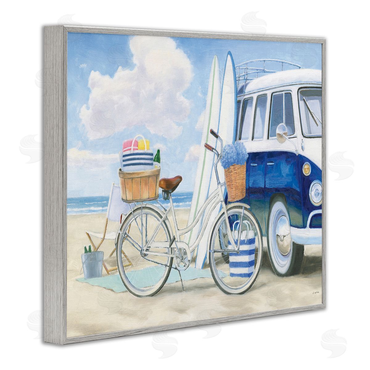 Surf Van & Beach Bike Grey Frame Print Wall Art, Home Decor by James Wiens