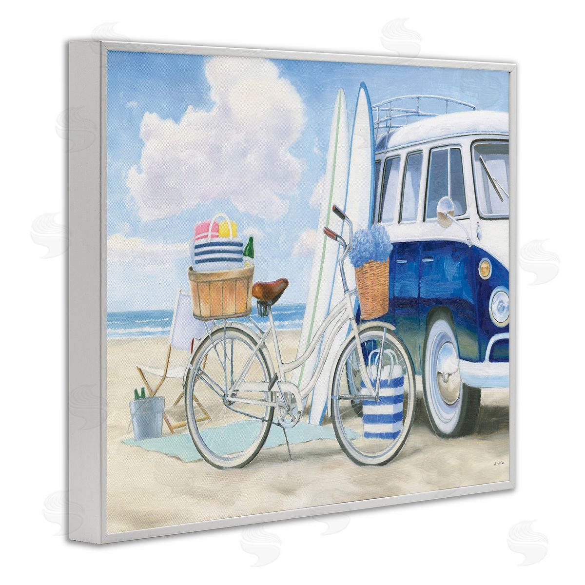 Surf Van & Beach Bike White Frame Print Wall Art, Home Decor by James Wiens