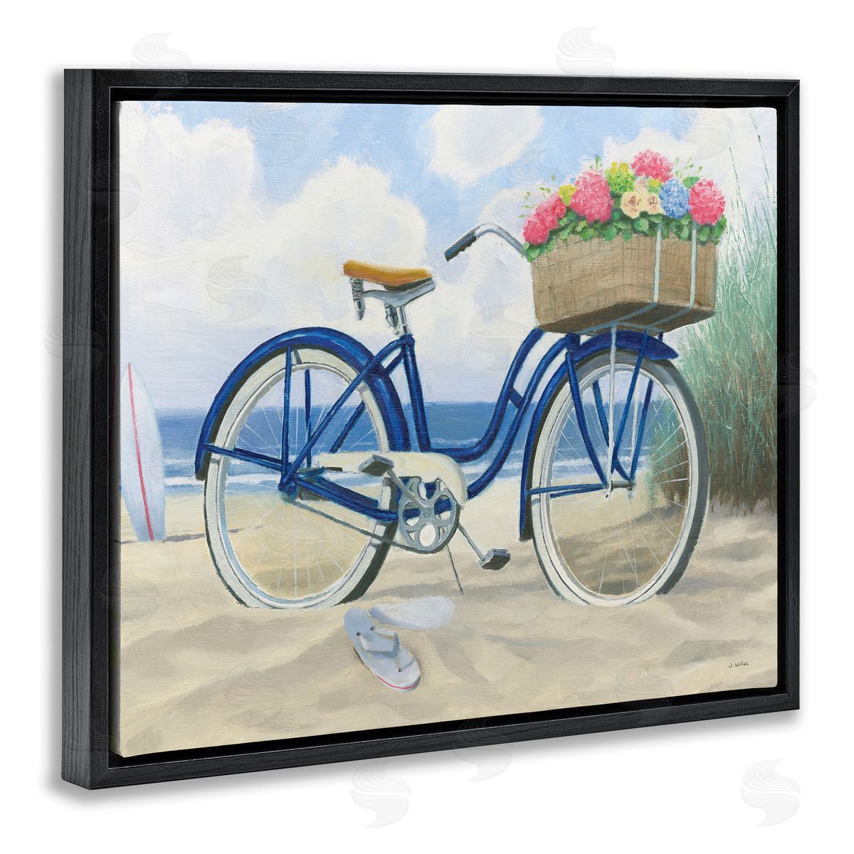 Beach Bike with Flower Basket Black Floating Frame Canvas Wall Art, Home Decor by James Wiens