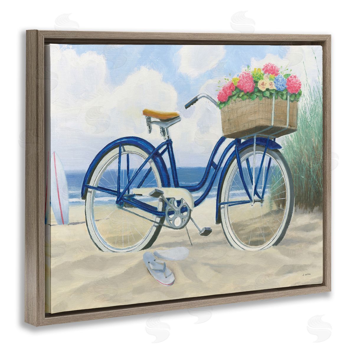 Beach Bike with Flower Basket Brown Floating Frame Canvas Wall Art, Home Decor by James Wiens