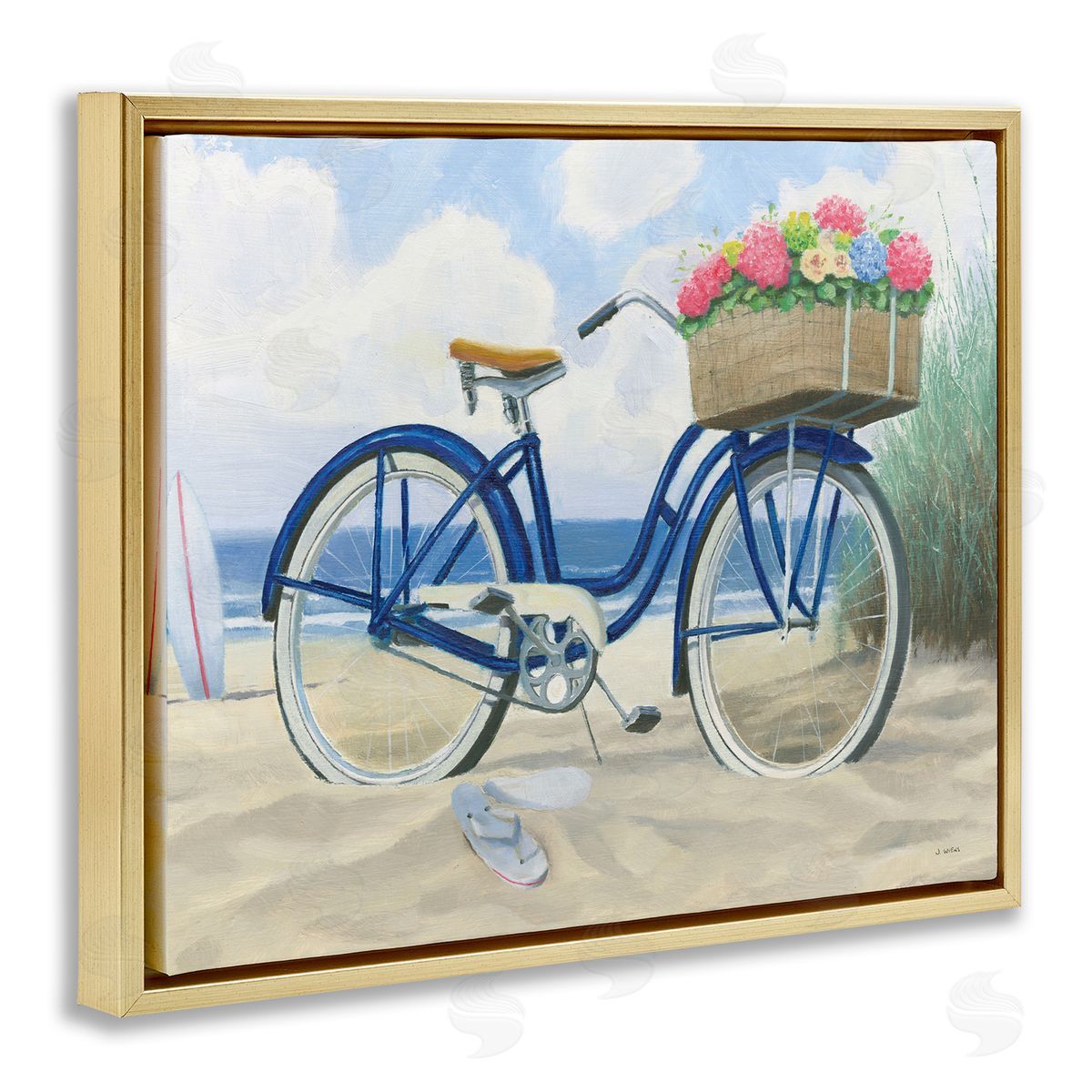 Beach Bike with Flower Basket Gold Floating Frame Canvas Wall Art, Home Decor by James Wiens