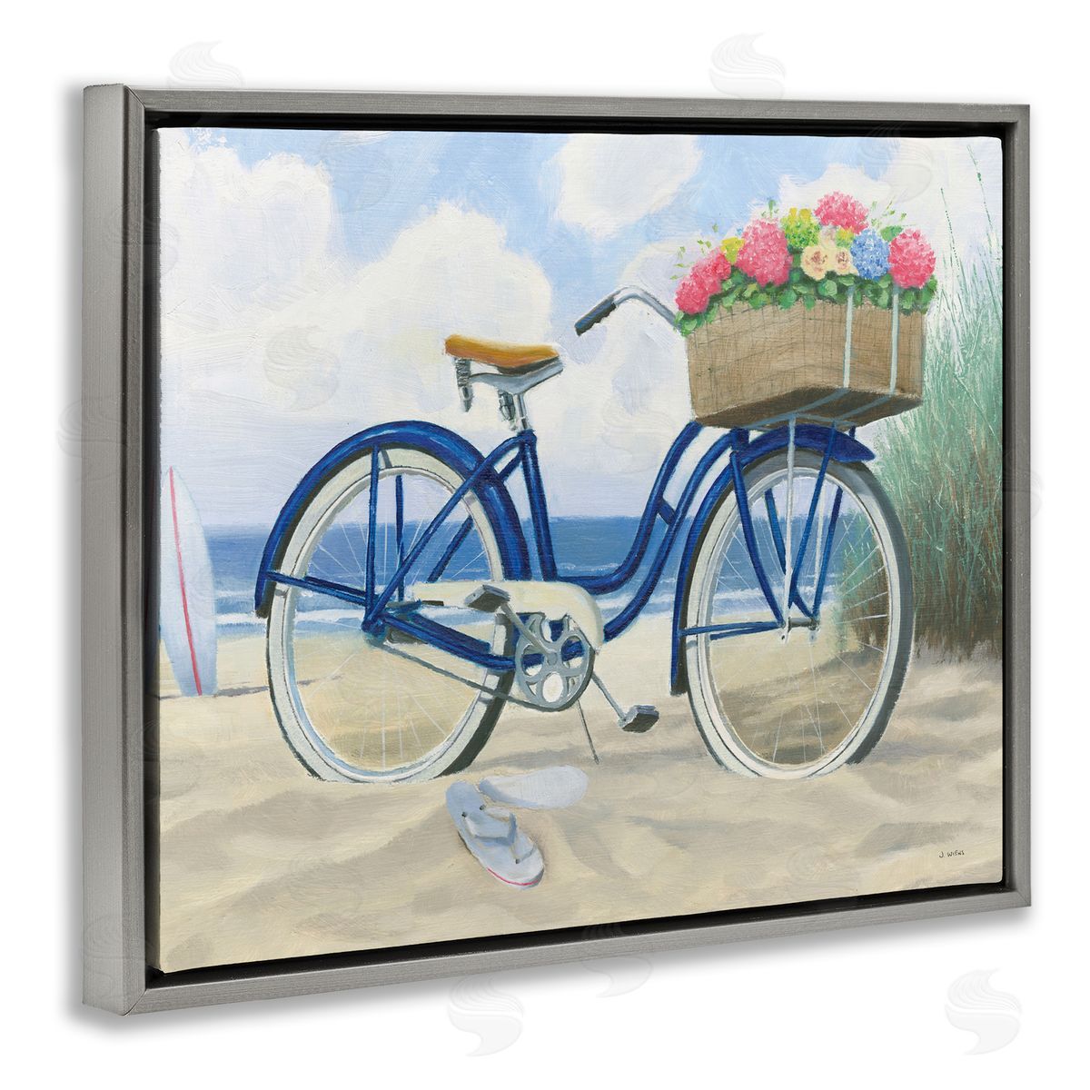 Beach Bike with Flower Basket Grey Floating Frame Canvas Wall Art, Home Decor by James Wiens