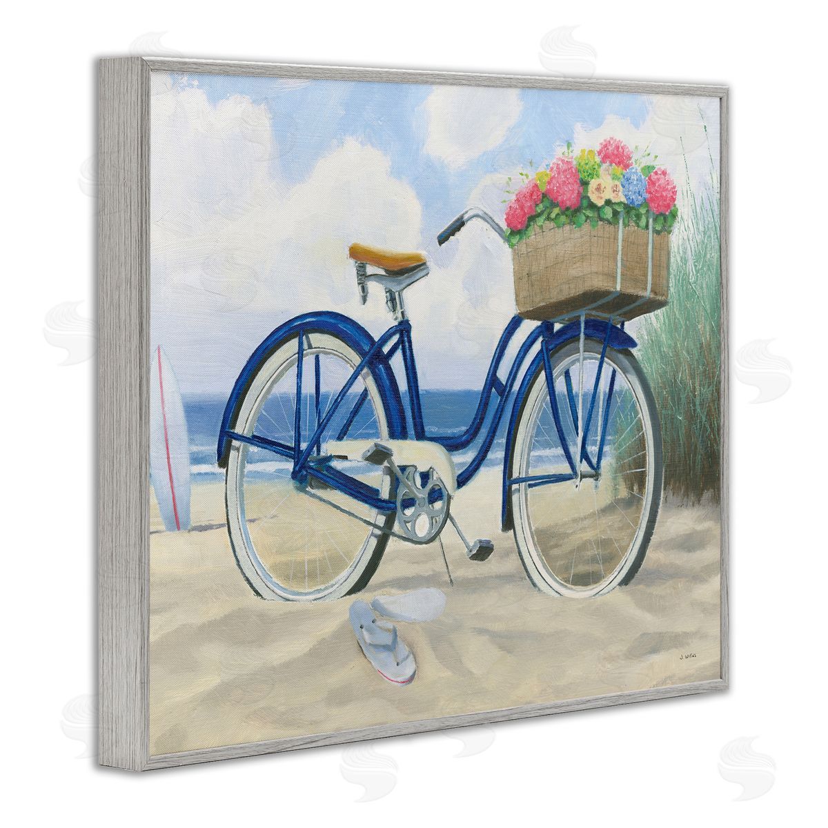 Beach Bike with Flower Basket Grey Frame Print Wall Art, Home Decor by James Wiens