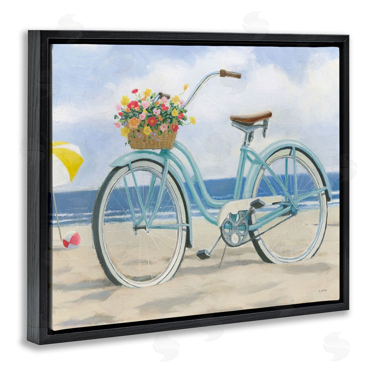 Beach Coast Floral Bicycle Black Floating Frame Canvas Wall Art, Home Decor by James Wiens
