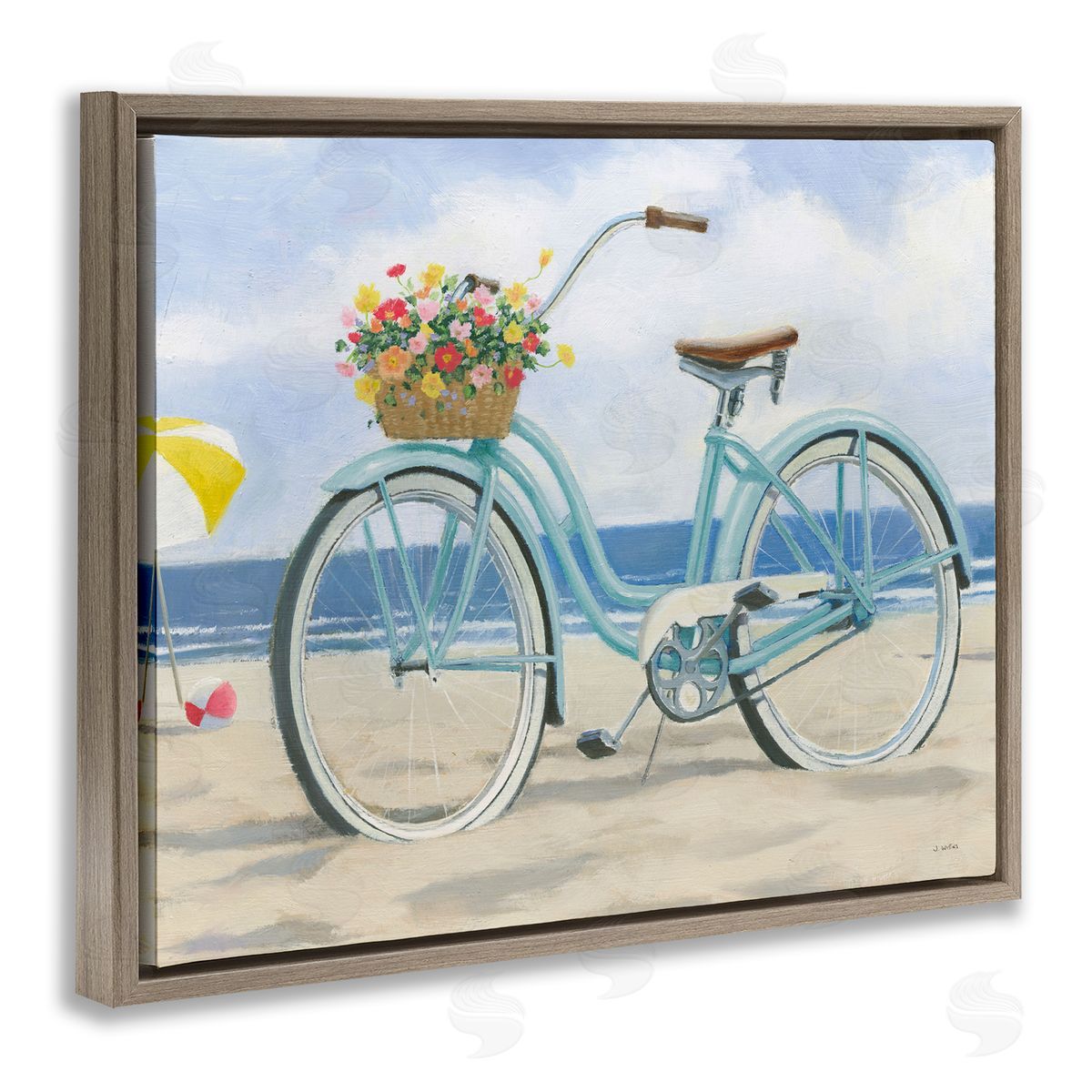 Beach Coast Floral Bicycle Brown Floating Frame Canvas Wall Art, Home Decor by James Wiens