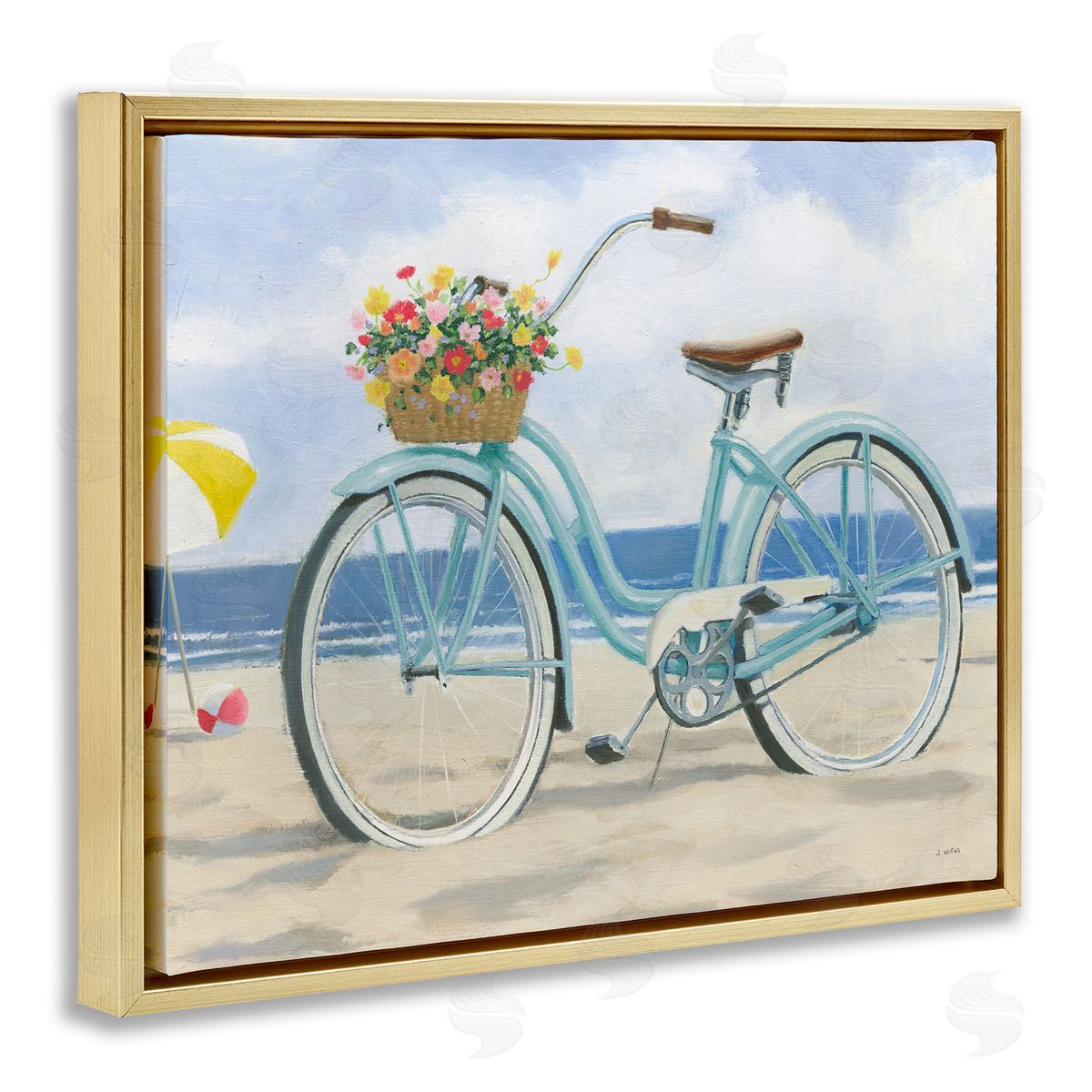 Beach Coast Floral Bicycle Gold Floating Frame Canvas Wall Art, Home Decor by James Wiens