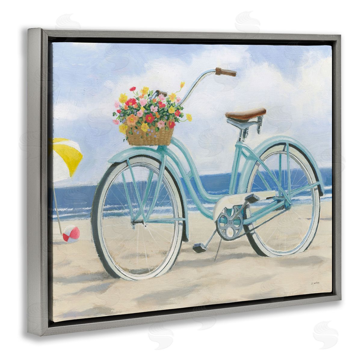 Beach Coast Floral Bicycle Grey Floating Frame Canvas Wall Art, Home Decor by James Wiens