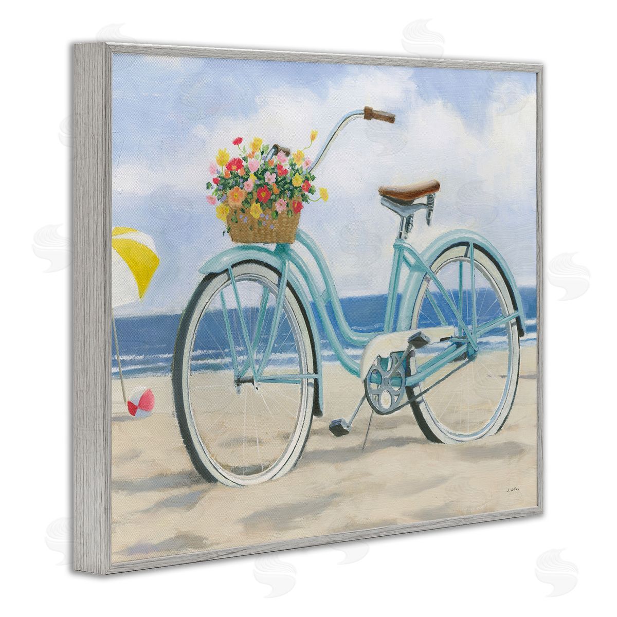 Beach Coast Floral Bicycle Grey Frame Print Wall Art, Home Decor by James Wiens