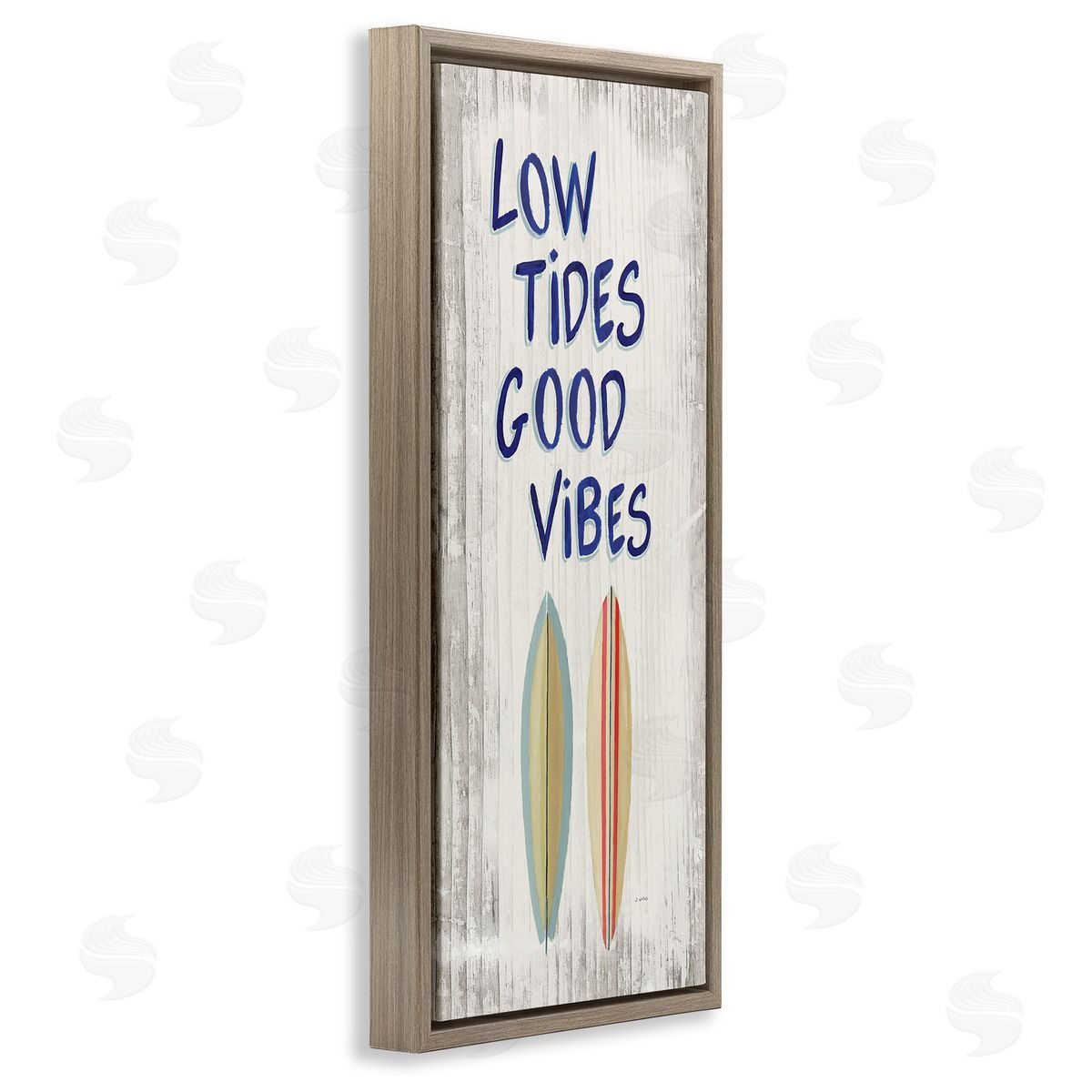 Low Tides Good Vibes Surfboard Brown Floating Frame Canvas Wall Art, Home Decor by James Wiens