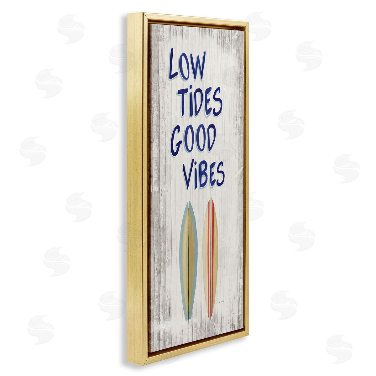 Low Tides Good Vibes Surfboard Gold Floating Frame Canvas Wall Art, Home Decor by James Wiens