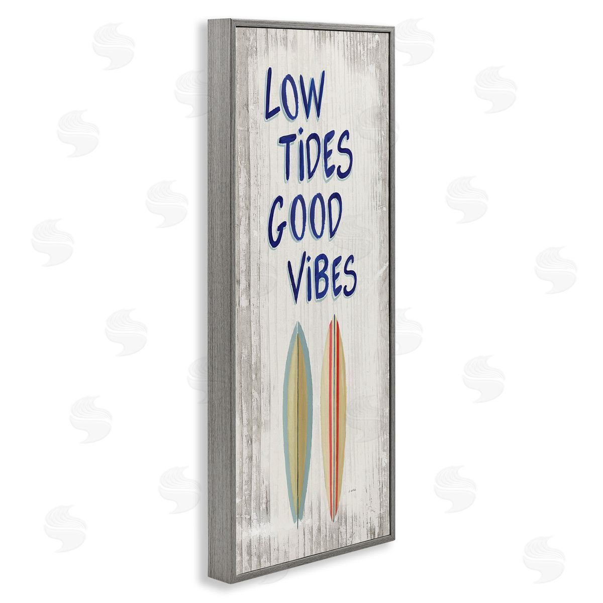 Low Tides Good Vibes Surfboard Grey Frame Print Wall Art, Home Decor by James Wiens