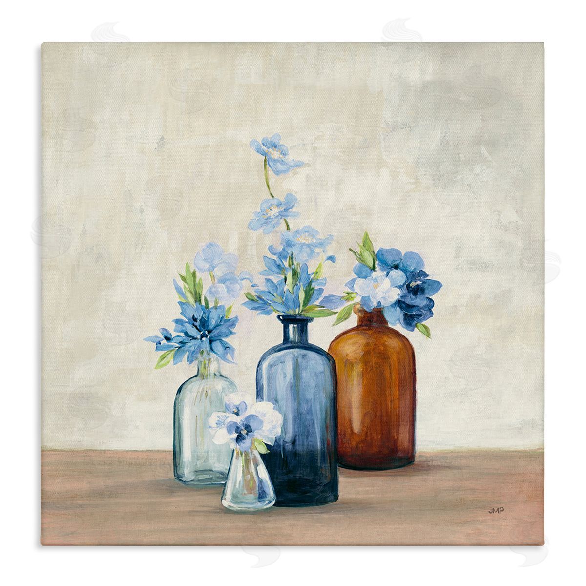 Blue Flowers in Jars Canvas Wall Art, Home Decor by Julia Purinton