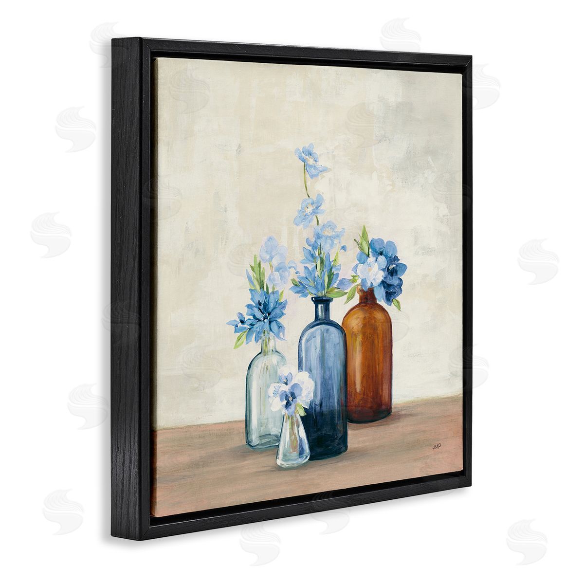 Blue Flowers in Jars Black Floating Frame Canvas Wall Art, Home Decor by Julia Purinton