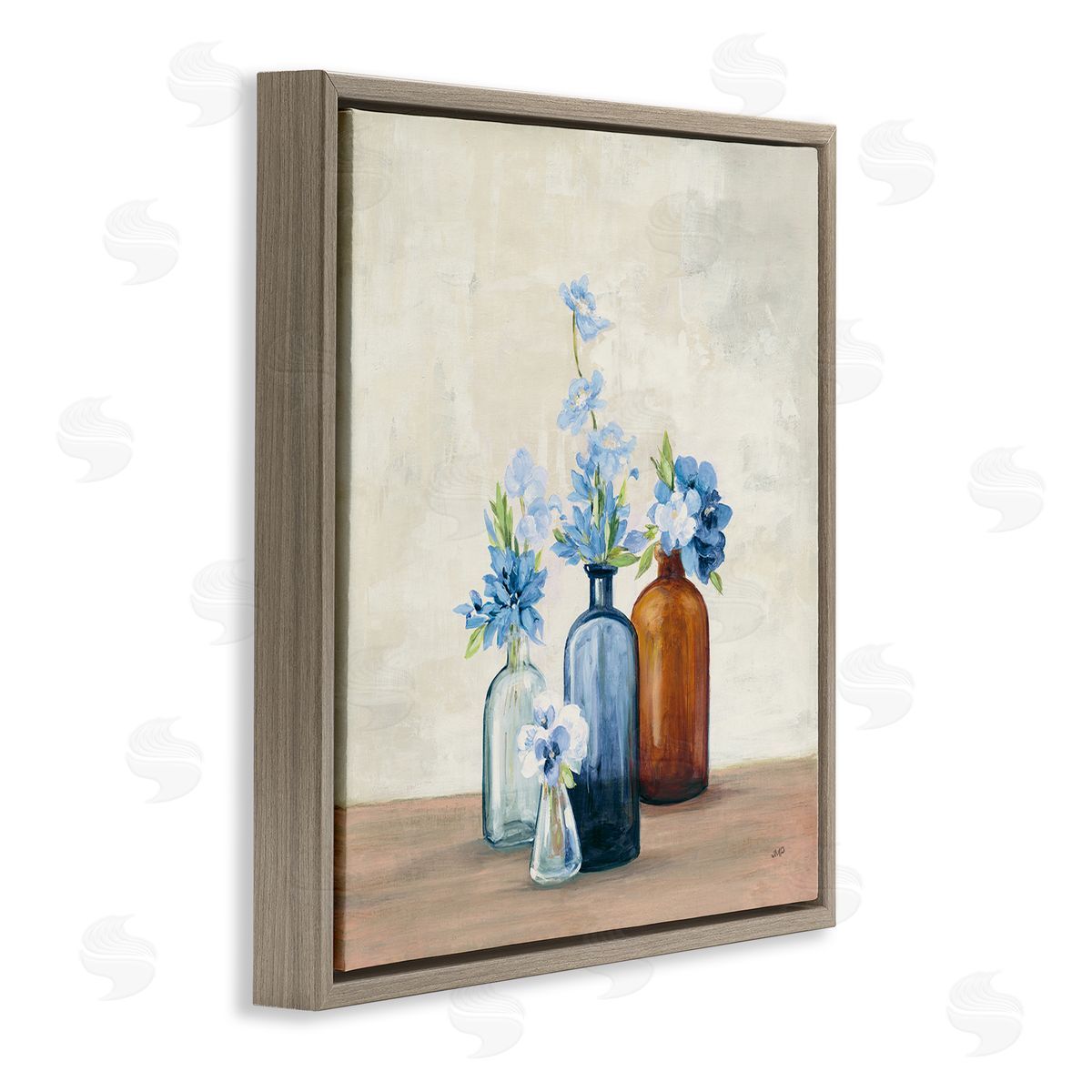 Blue Flowers in Jars Brown Floating Frame Canvas Wall Art, Home Decor by Julia Purinton