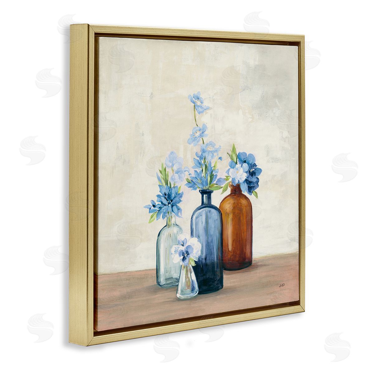 Blue Flowers in Jars Gold Floating Frame Canvas Wall Art, Home Decor by Julia Purinton