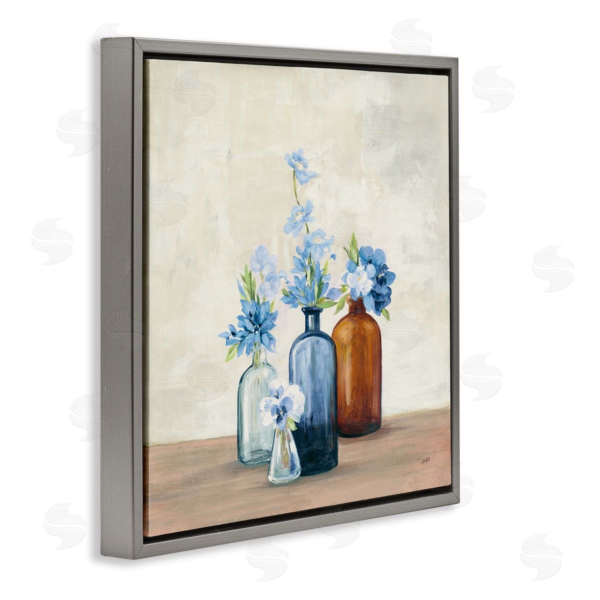 Blue Flowers in Jars Grey Floating Frame Canvas Wall Art, Home Decor by Julia Purinton