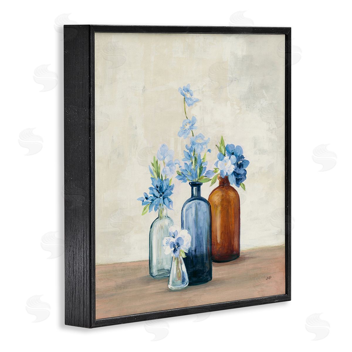 Blue Flowers in Jars Black Frame Print Wall Art, Home Decor by Julia Purinton