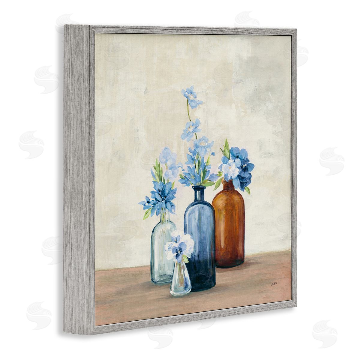 Blue Flowers in Jars Grey Frame Print Wall Art, Home Decor by Julia Purinton
