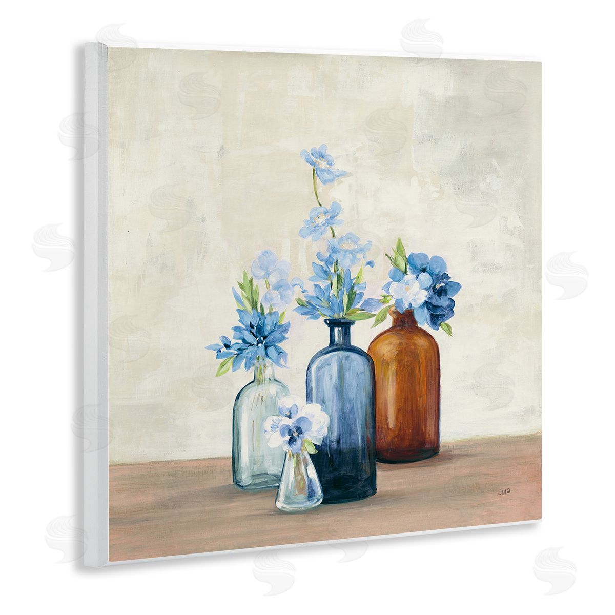 Blue Flowers in Jars Wood Plaque Wall Art, Home Decor by Julia Purinton