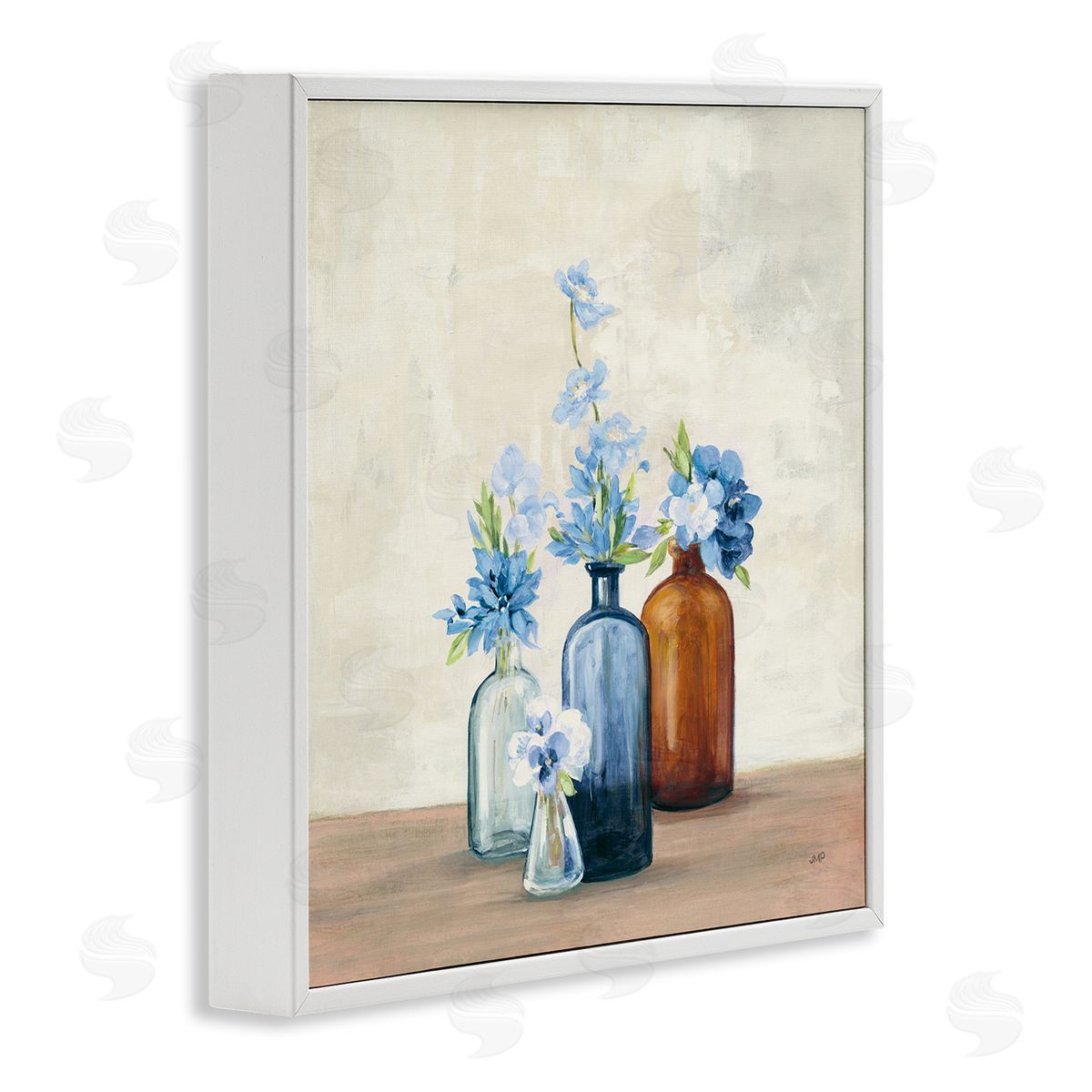 Blue Flowers in Jars White Frame Print Wall Art, Home Decor by Julia Purinton