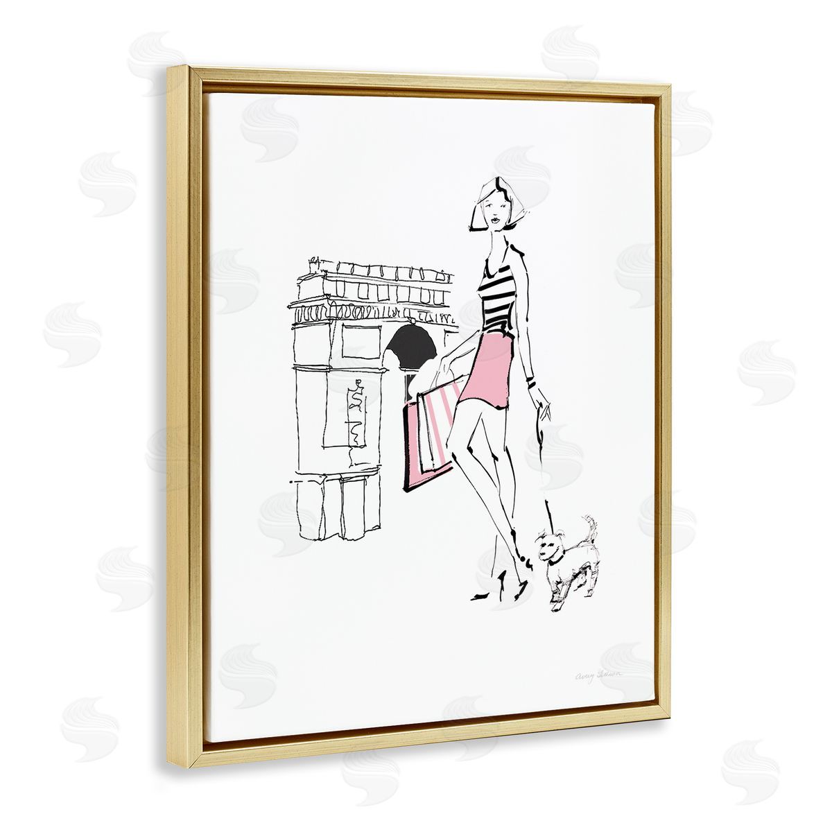 Chic Paris Fashion Dog Walker Gold Floating Frame Canvas Wall Art, Home Decor by Avery Tillmon
