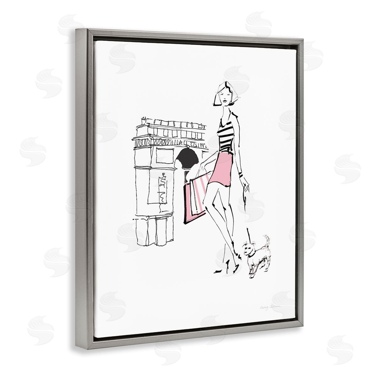 Chic Paris Fashion Dog Walker Grey Floating Frame Canvas Wall Art, Home Decor by Avery Tillmon