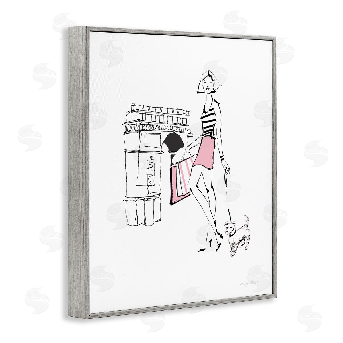 Chic Paris Fashion Dog Walker Grey Frame Print Wall Art, Home Decor by Avery Tillmon