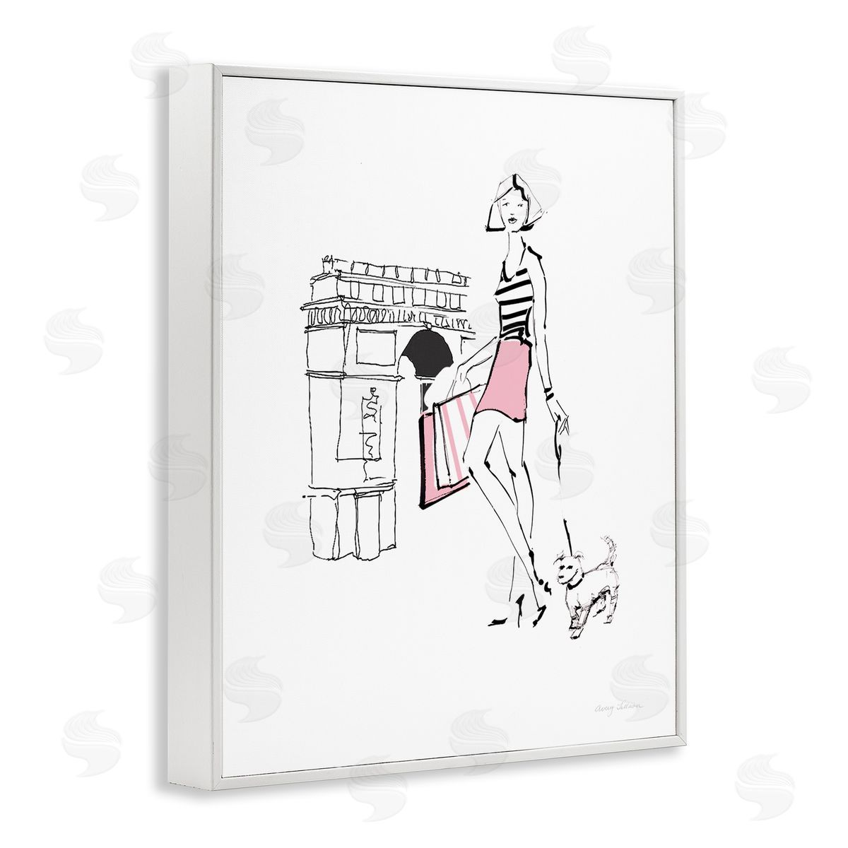 Chic Paris Fashion Dog Walker White Frame Print Wall Art, Home Decor by Avery Tillmon