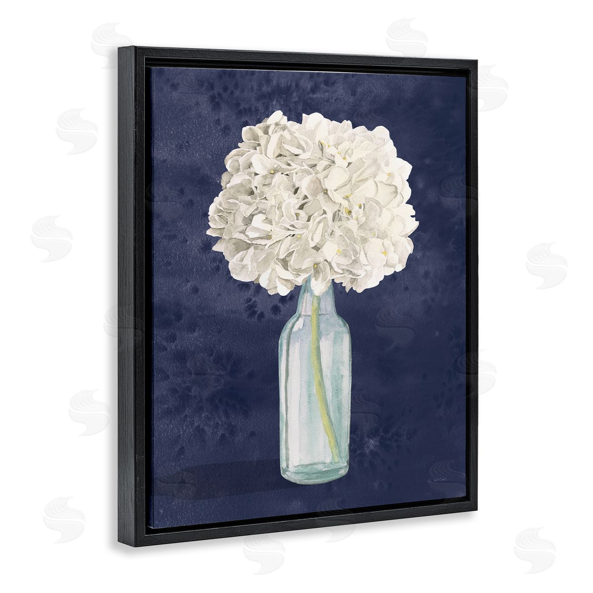 White Floral Bouquet over Blue Black Floating Frame Canvas Wall Art, Home Decor by James Wiens