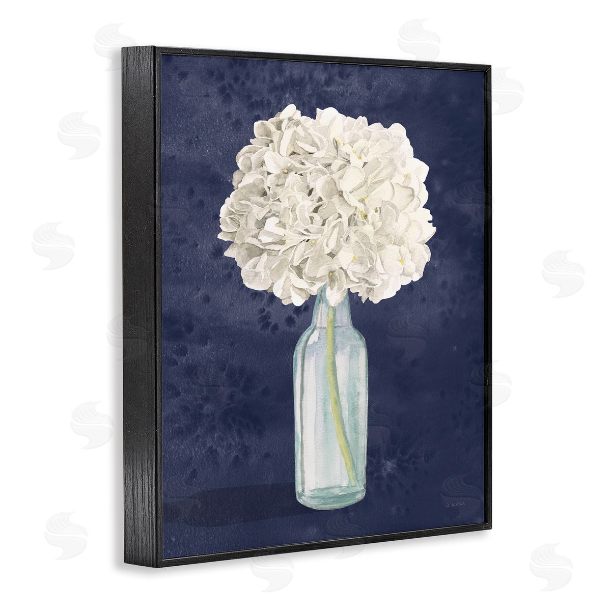 White Floral Bouquet over Blue Black Frame Print Wall Art, Home Decor by James Wiens