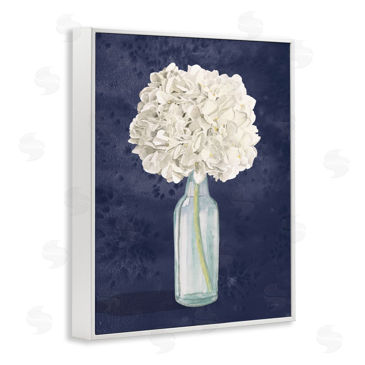 White Floral Bouquet over Blue White Frame Print Wall Art, Home Decor by James Wiens