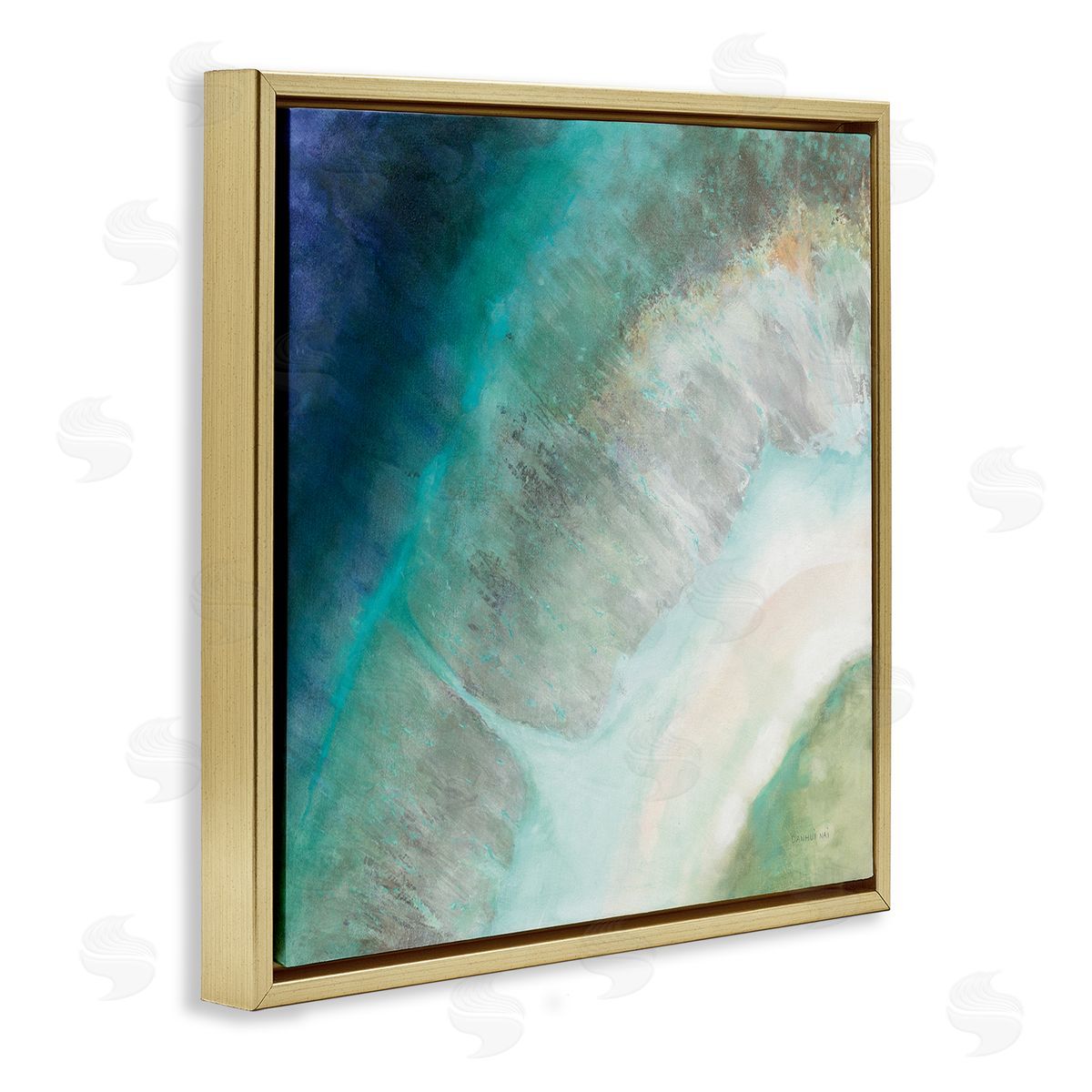 Abstract Blue Green Curve Coast Gold Floating Frame Canvas Wall Art, Home Decor by Danhui Nai