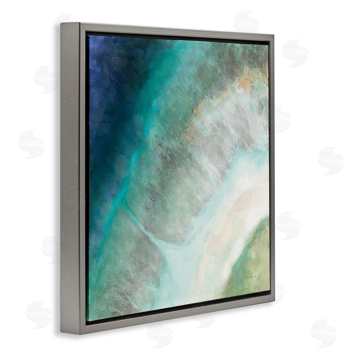 Abstract Blue Green Curve Coast Grey Floating Frame Canvas Wall Art, Home Decor by Danhui Nai
