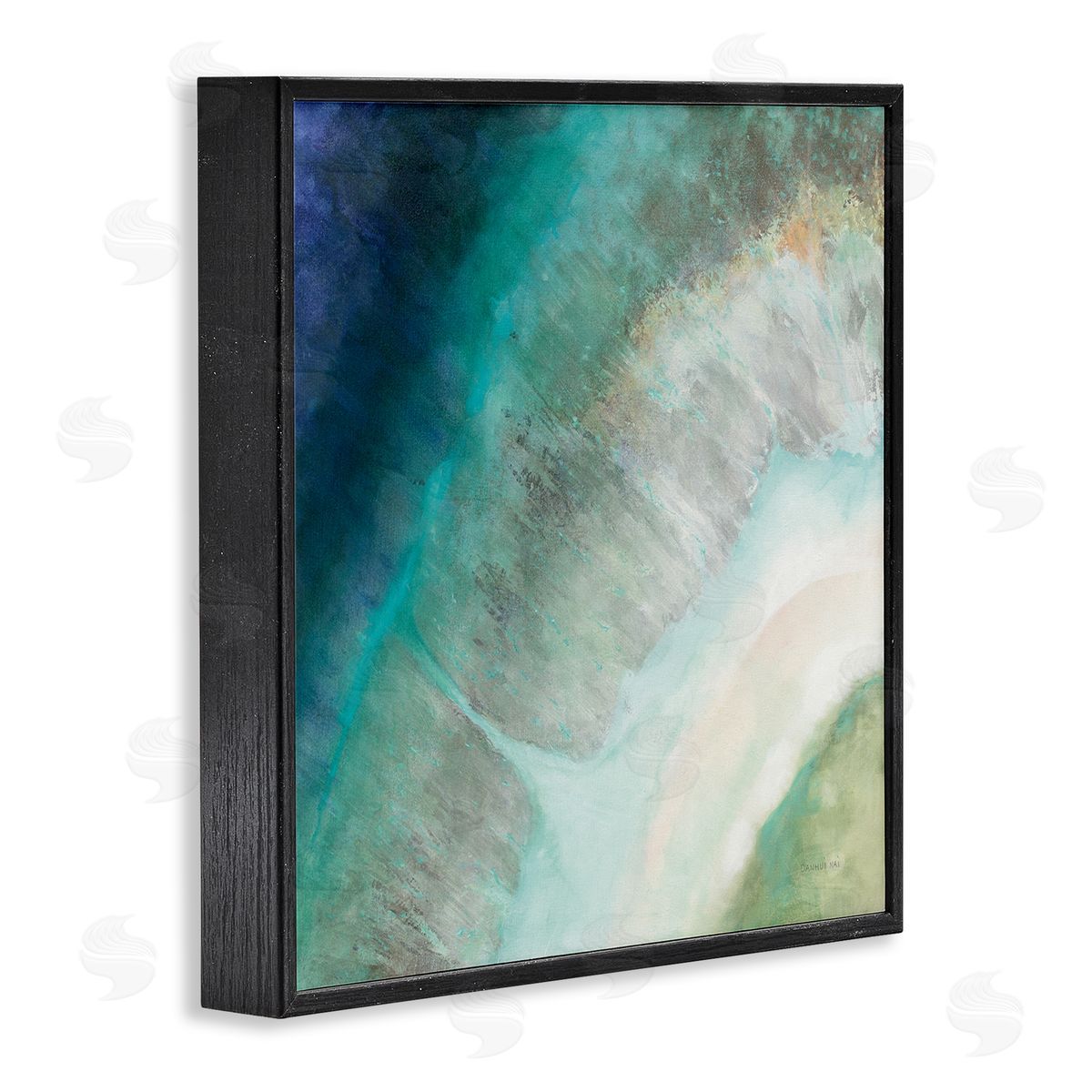 Abstract Blue Green Curve Coast Black Frame Print Wall Art, Home Decor by Danhui Nai