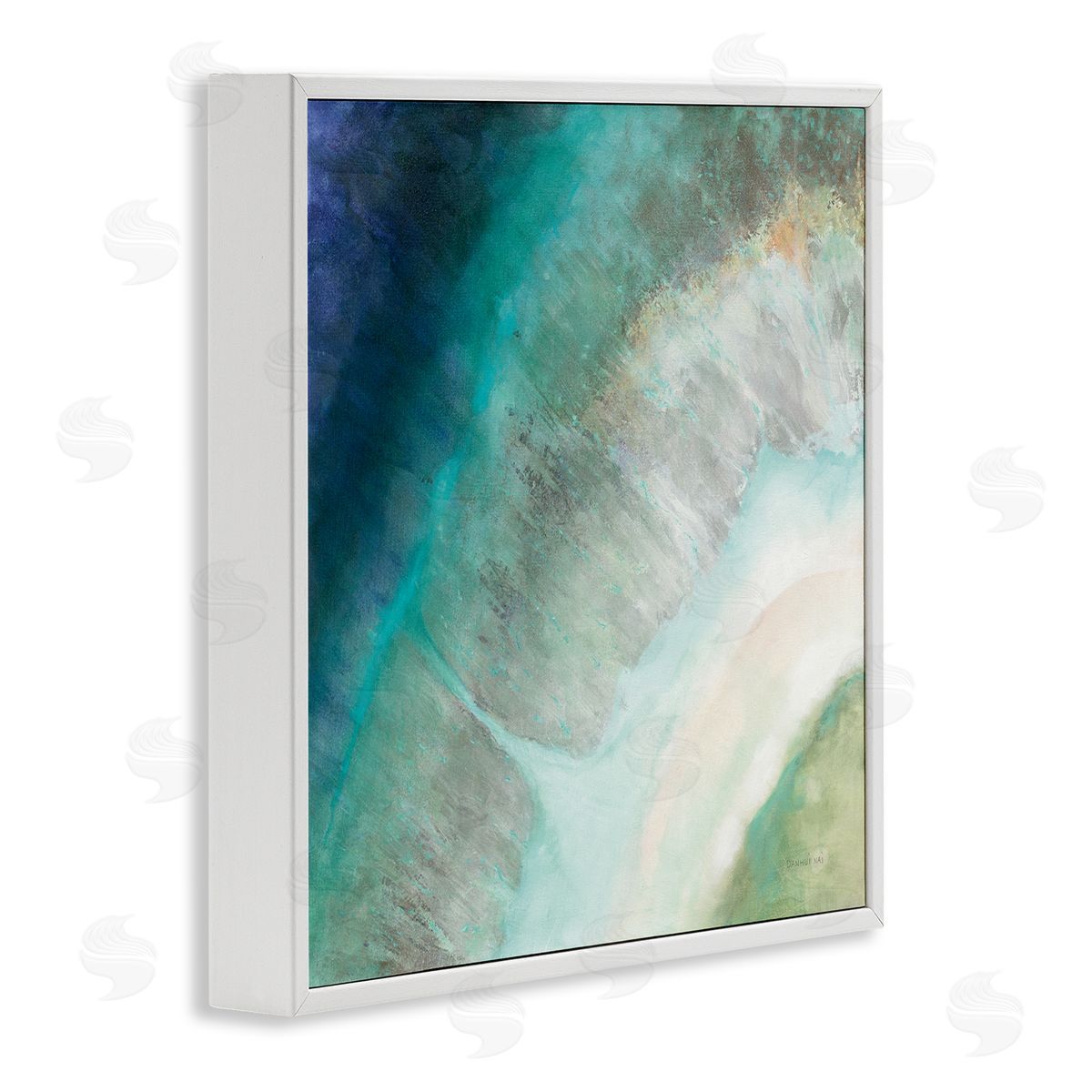 Abstract Blue Green Curve Coast White Frame Print Wall Art, Home Decor by Danhui Nai
