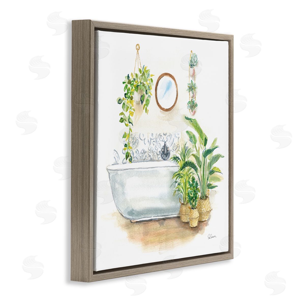 Serene Bathroom Interior with Greenery Brown Floating Frame Canvas Wall Art, Home Decor by Sue Schlabach