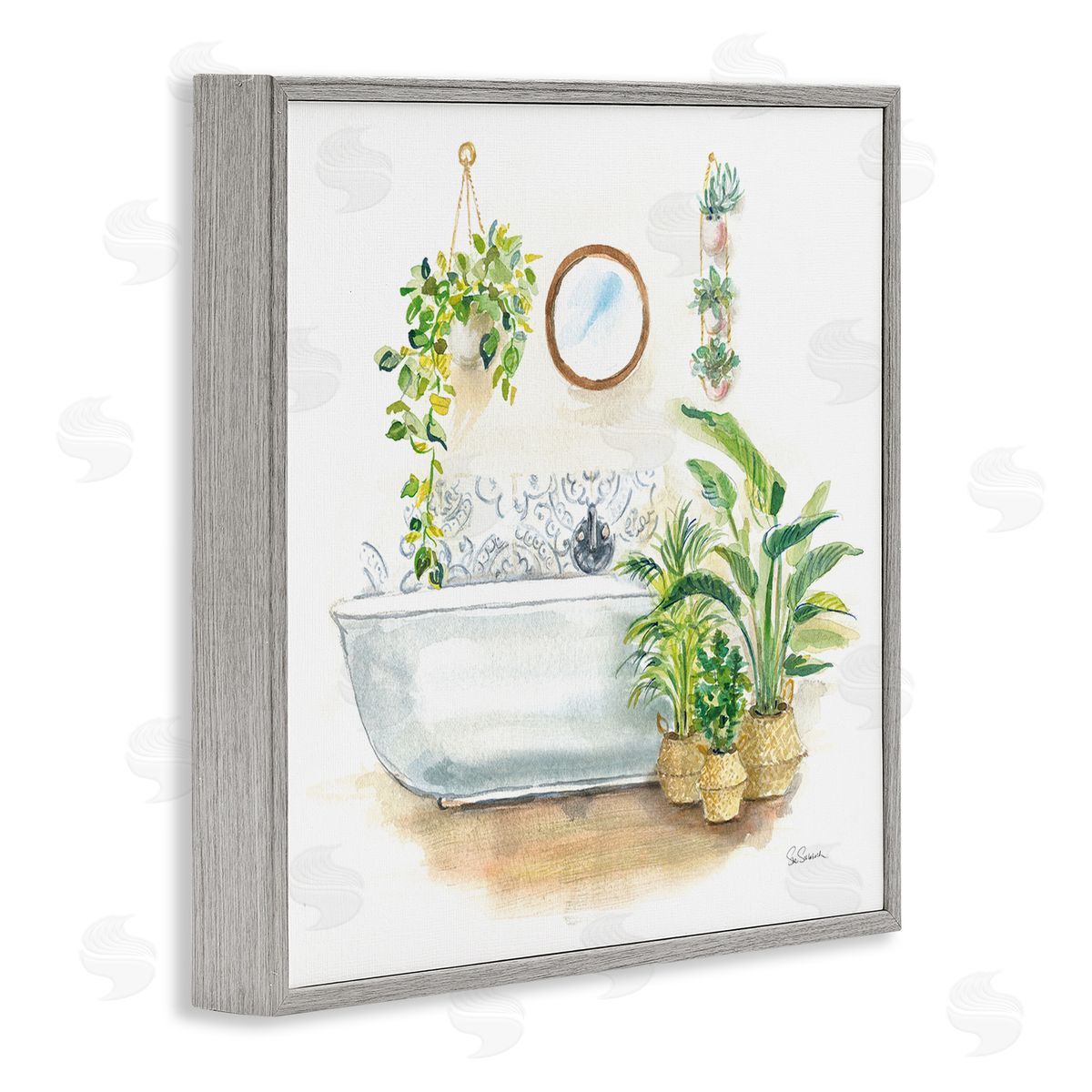 Serene Bathroom Interior with Greenery Grey Frame Print Wall Art, Home Decor by Sue Schlabach