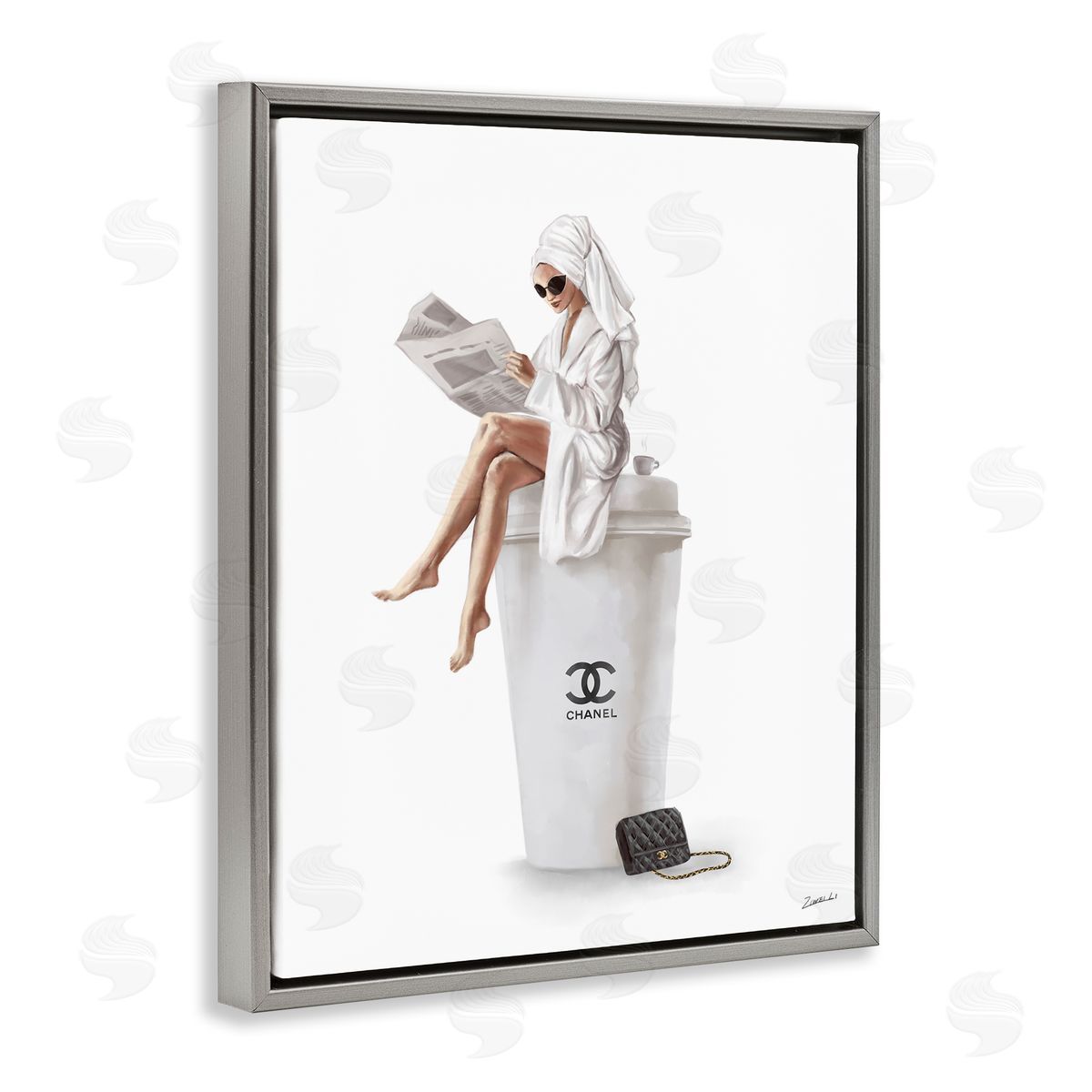 Chic Fashion Coffee & Purse Female Grey Floating Frame Canvas Wall Art, Home Decor by Ziwei Li