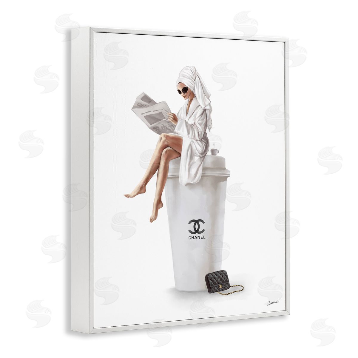 Chic Fashion Coffee & Purse Female White Frame Print Wall Art, Home Decor by Ziwei Li