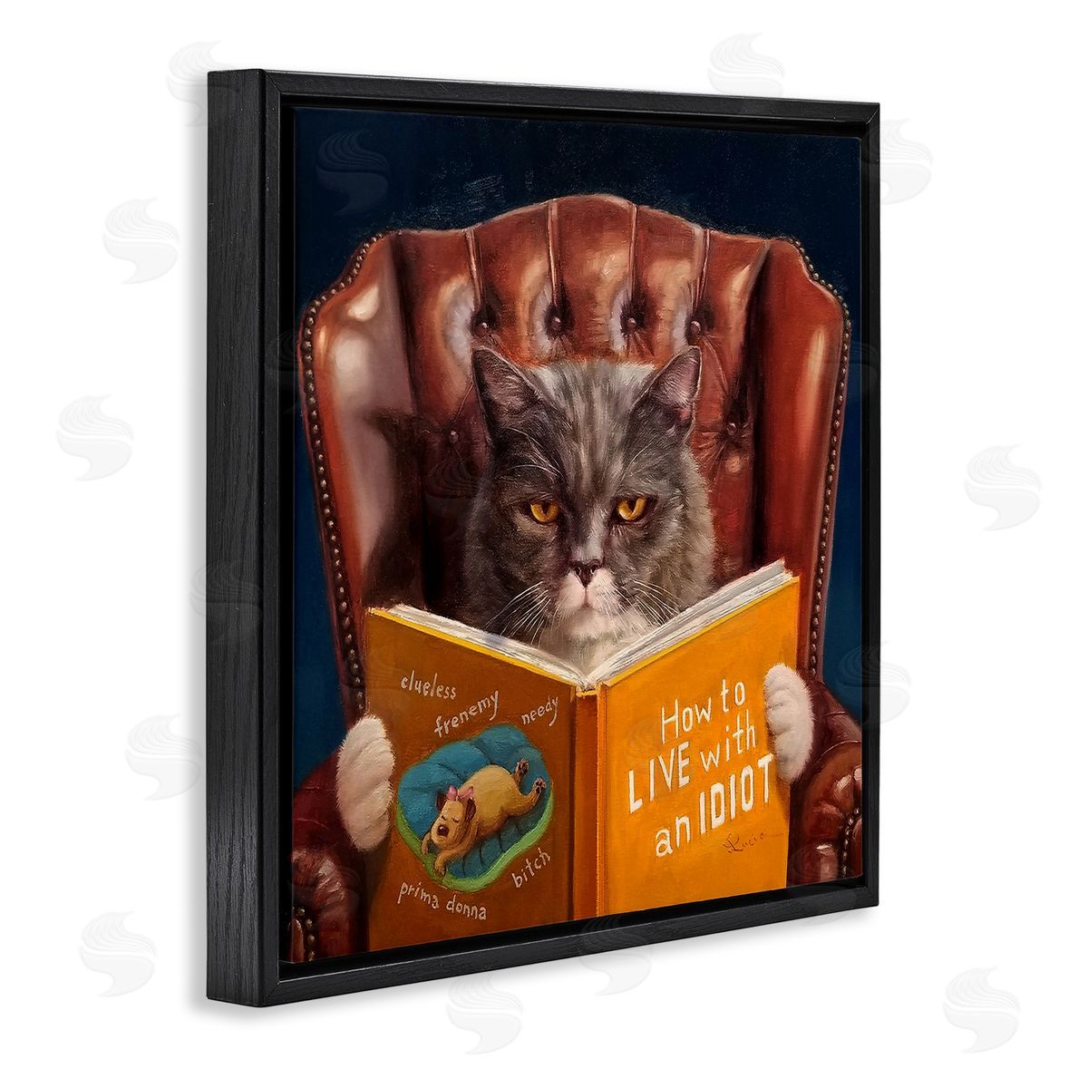 Funny Cat Reading Dog Book Black Floating Frame Canvas Wall Art, Home Decor by Lucia Heffernan