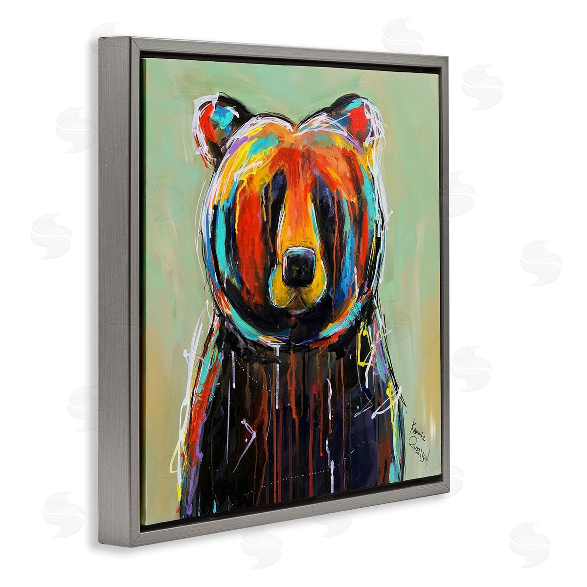 Abstract Colorful Painted Black Bear Grey Floating Frame Canvas Wall Art, Home Decor by Karrie Evenson