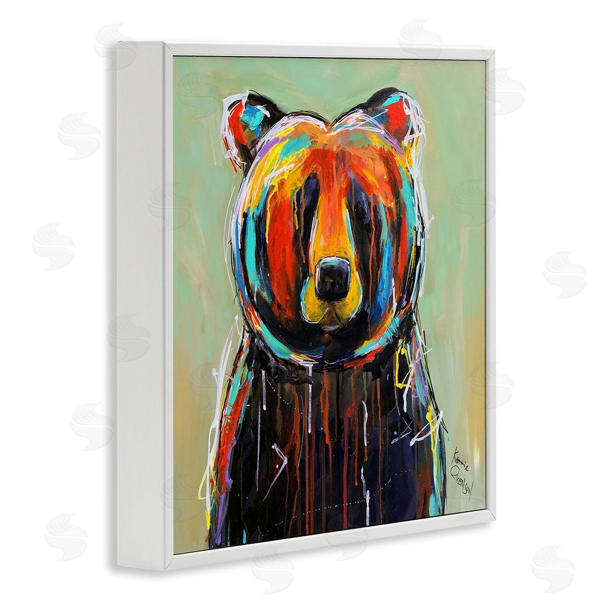 Abstract Colorful Painted Black Bear White Frame Print Wall Art, Home Decor by Karrie Evenson