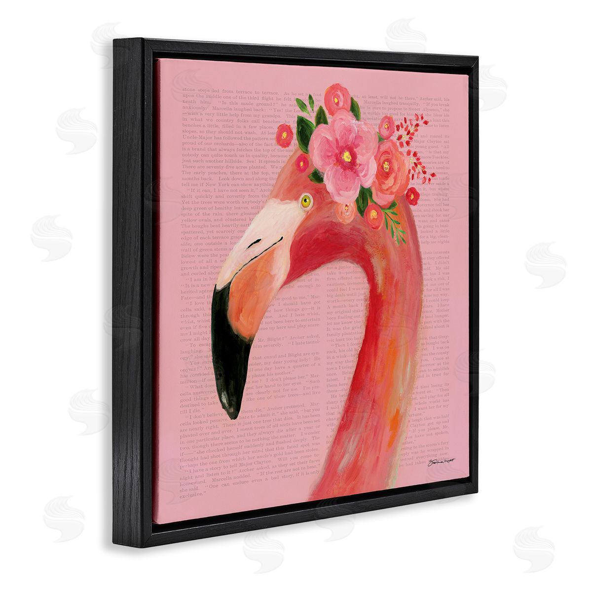 Floral Flamingo Pink Portrait Black Floating Frame Canvas Wall Art, Home Decor by Stephanie Workman Marrott