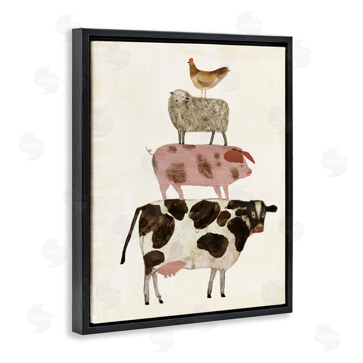 Barnyard Buds Stacked Animals Black Floating Frame Canvas Wall Art, Home Decor by Victoria Borges