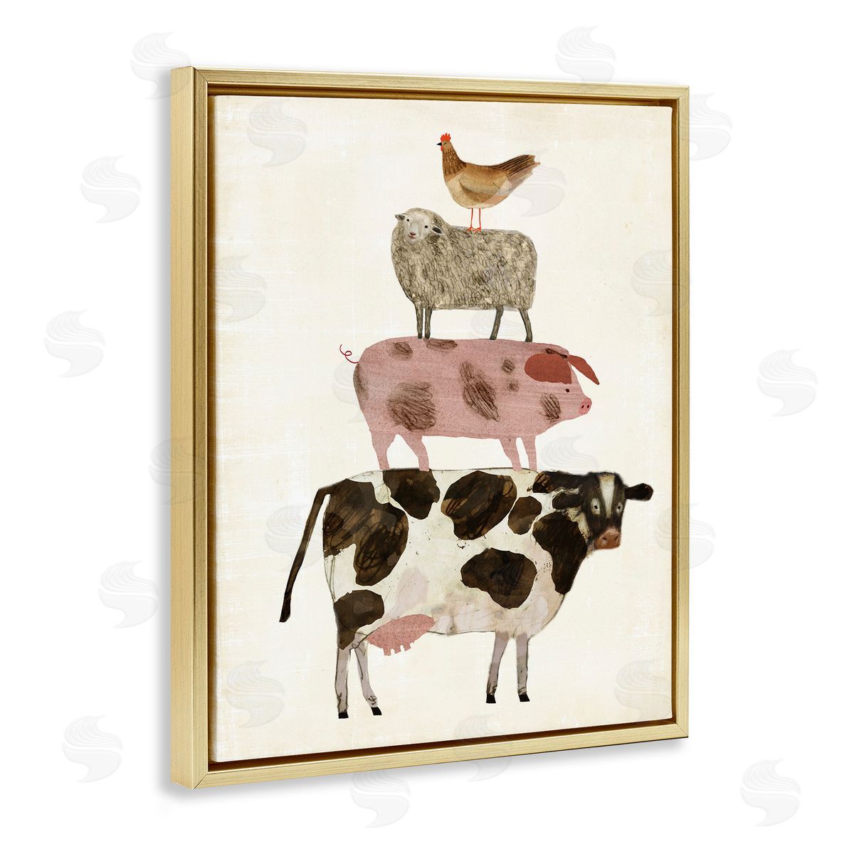 Barnyard Buds Stacked Animals Gold Floating Frame Canvas Wall Art, Home Decor by Victoria Borges