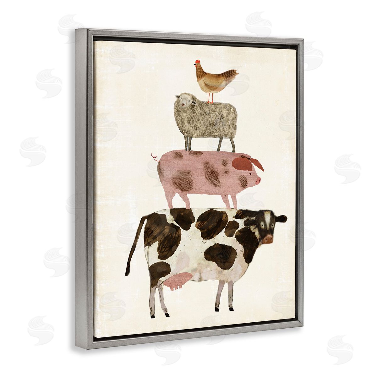 Barnyard Buds Stacked Animals Grey Floating Frame Canvas Wall Art, Home Decor by Victoria Borges