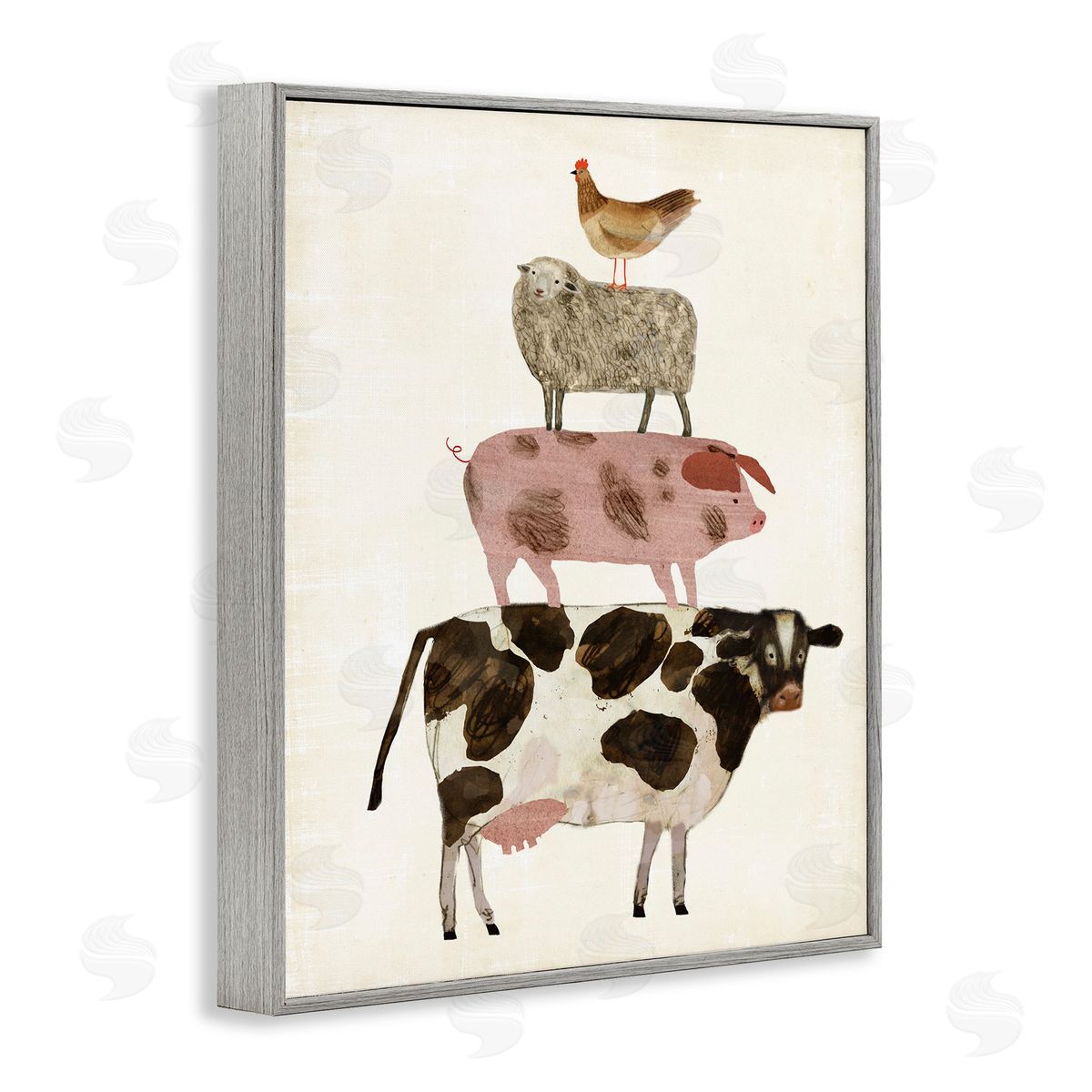 Barnyard Buds Stacked Animals Grey Frame Print Wall Art, Home Decor by Victoria Borges