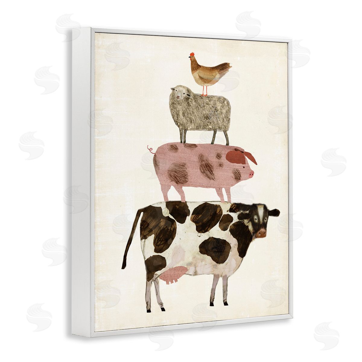 Barnyard Buds Stacked Animals White Frame Print Wall Art, Home Decor by Victoria Borges